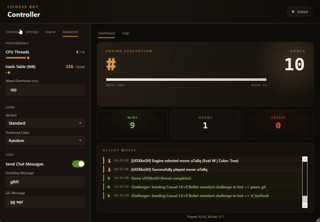 Advanced tab — CPU threads, hash table, variant, chat settings