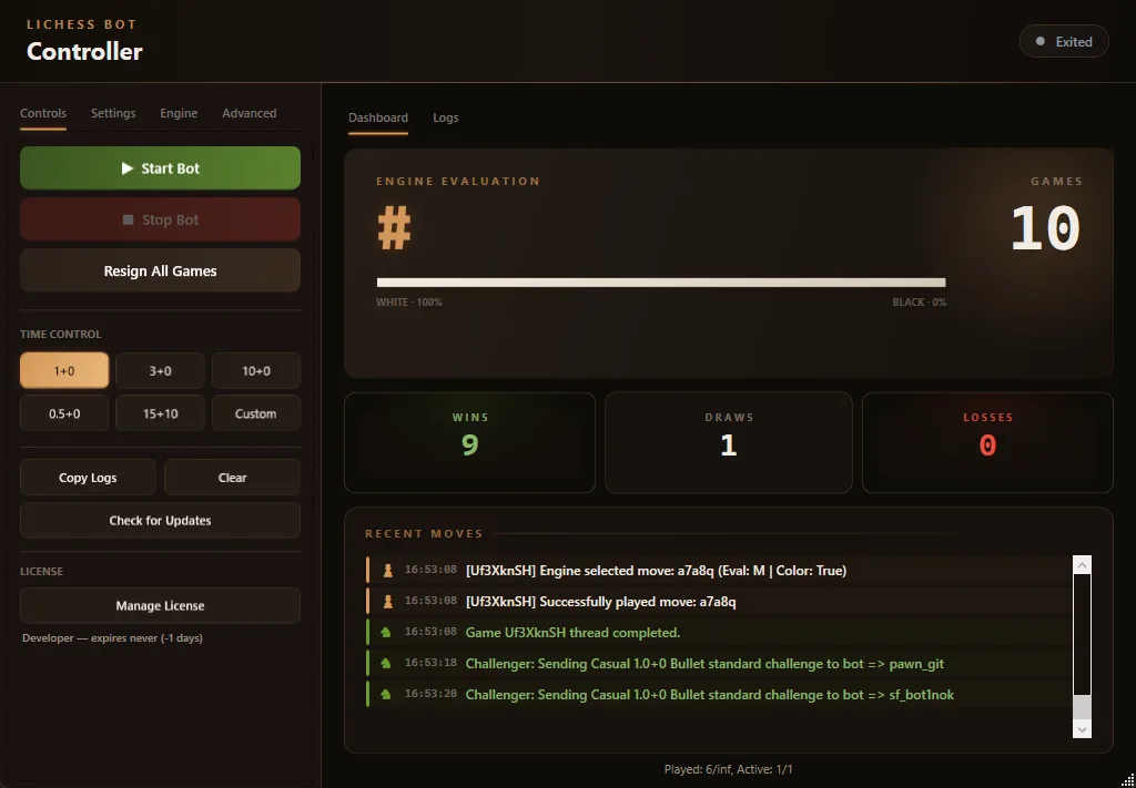 Controls tab — start/stop bot, time controls, license status