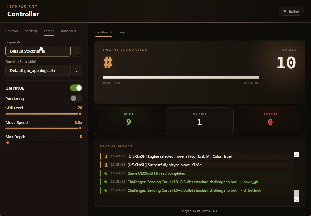 Engine tab — Stockfish path, opening book, NNUE toggle, skill level